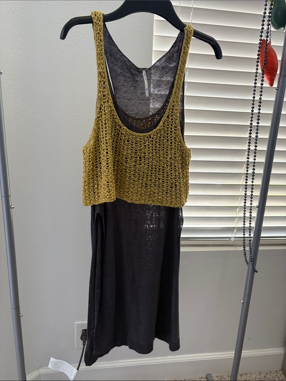 Free People Black Knit Tank with Brown Leather Logo Tab